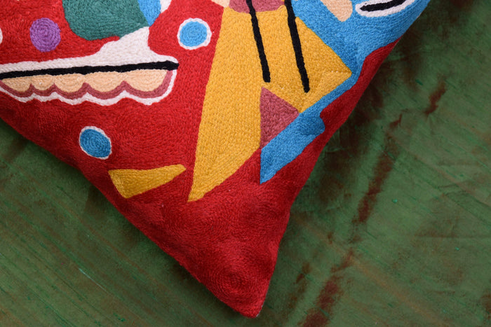 Kandinsky Decorative Pillow Cover Red Painting Abstract Cushion Wool HandEmbroidered 18x18 - Kashmir Designs