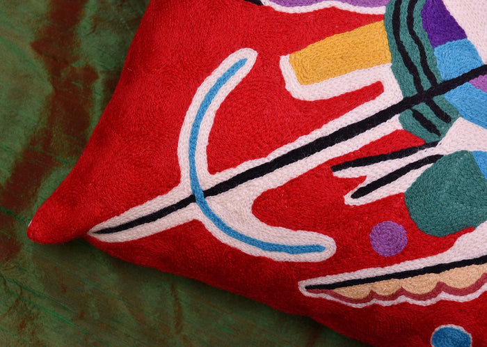 Kandinsky Decorative Pillow Cover Red Painting Abstract Cushion Wool HandEmbroidered 18x18 - Kashmir Designs