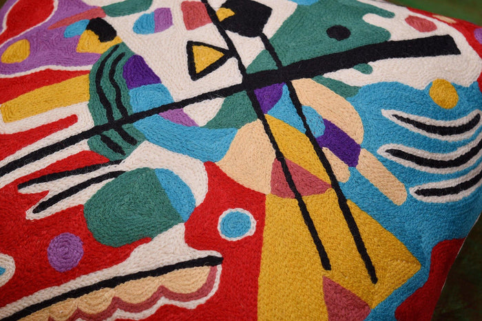 Kandinsky Decorative Pillow Cover Red Painting Abstract Cushion Wool HandEmbroidered 18x18 - Kashmir Designs