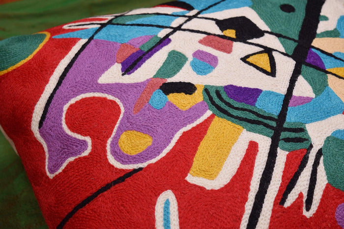 Kandinsky Decorative Pillow Cover Red Painting Abstract Cushion Wool HandEmbroidered 18x18 - Kashmir Designs