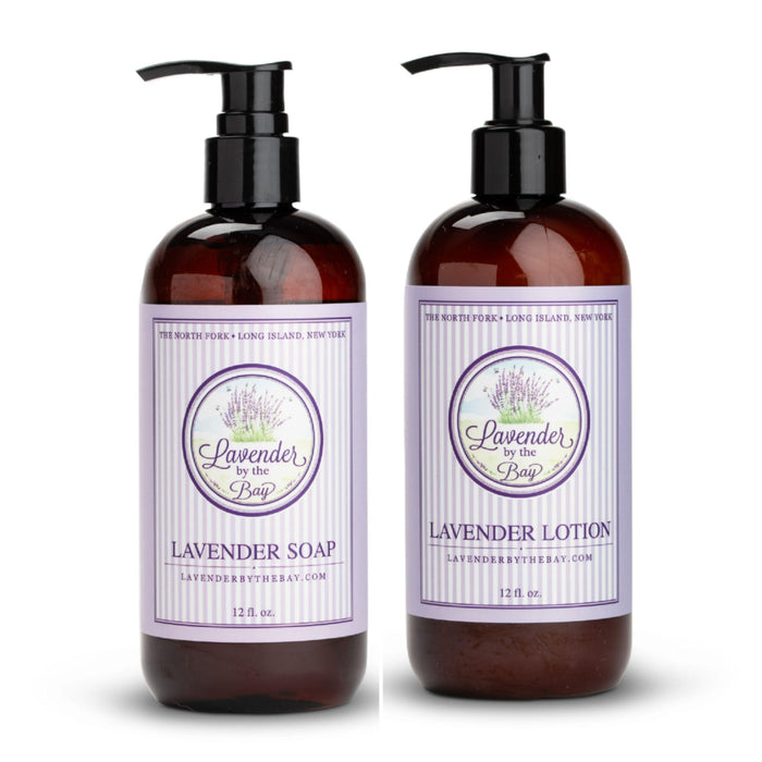 Lavender soap and lotion set showing 2 bottles with the LBTB logo one of body soap and the other of body lotion on white background