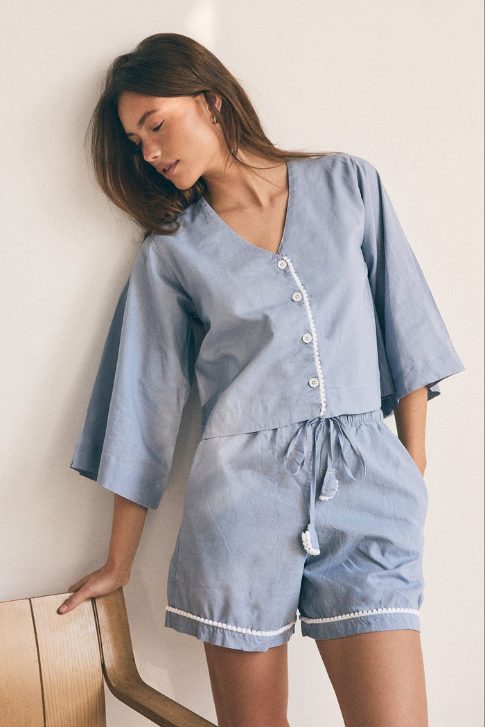 Loungy Linen Set - Short | Misty Blue