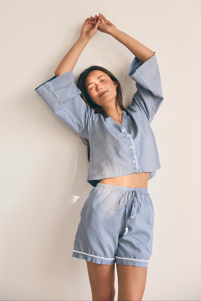 Loungy Linen Set - Short | Misty Blue