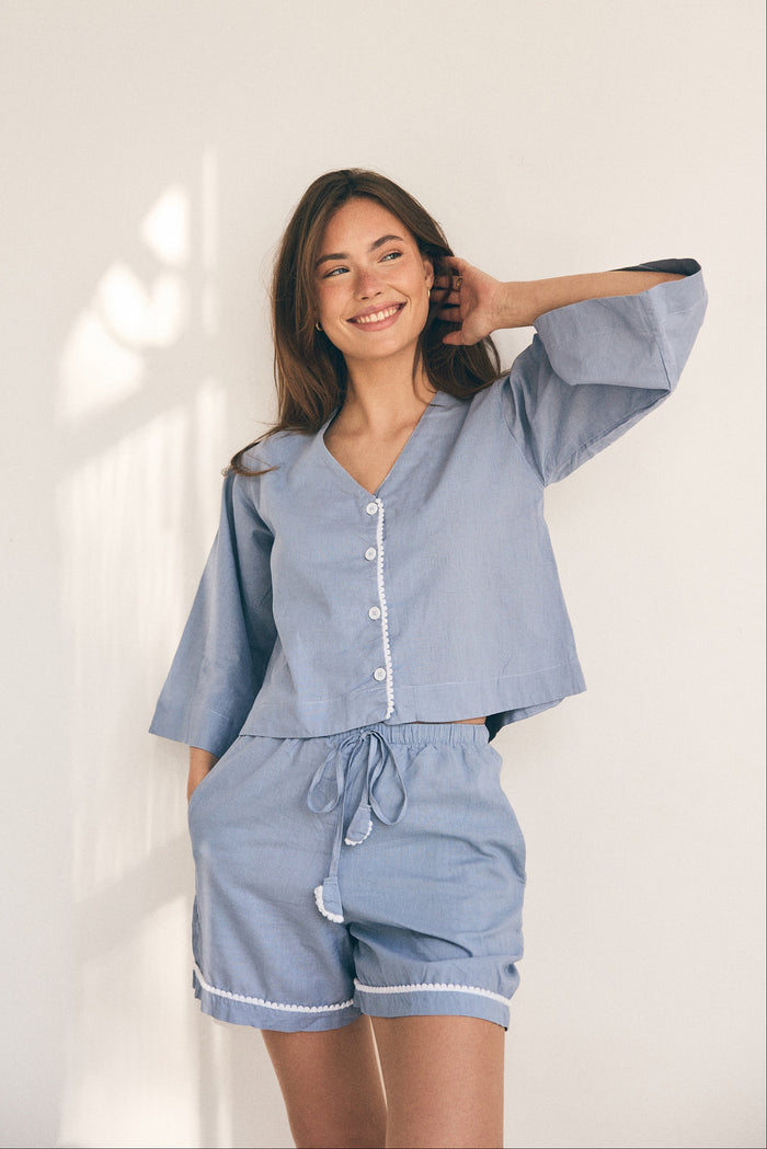 Loungy Linen Set - Short | Misty Blue