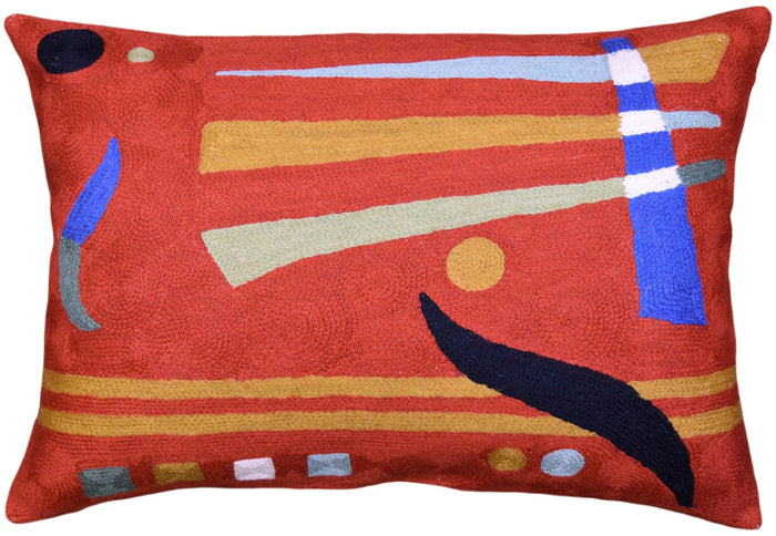 Lumbar Decorative Pillow Cover Orange Kandinsky Elements Hand Embroidered Wool 14x20 - Kashmir Designs