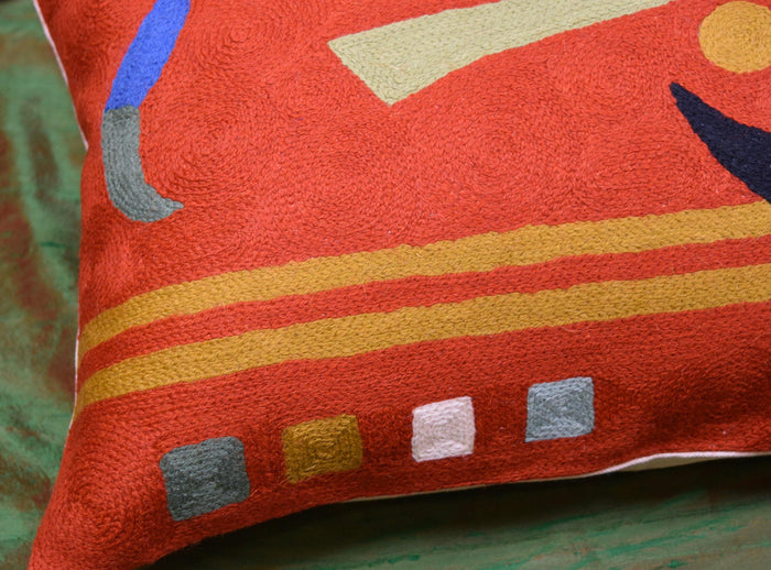 Lumbar Decorative Pillow Cover Orange Kandinsky Elements Hand Embroidered Wool 14x20 - Kashmir Designs
