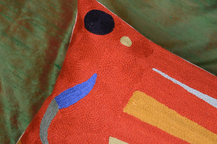 Lumbar Decorative Pillow Cover Orange Kandinsky Elements Hand Embroidered Wool 14x20 - Kashmir Designs