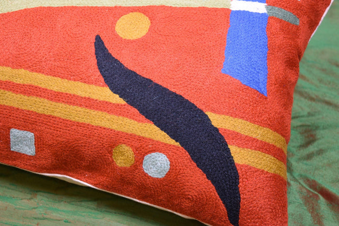 Lumbar Decorative Pillow Cover Orange Kandinsky Elements Hand Embroidered Wool 14x20 - Kashmir Designs