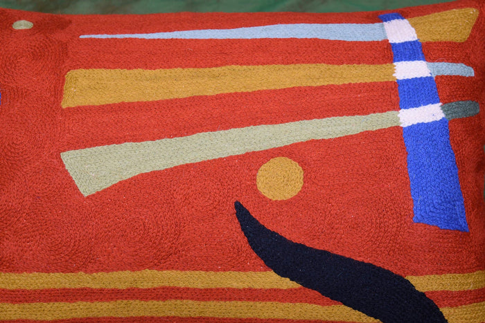 Lumbar Decorative Pillow Cover Orange Kandinsky Elements Hand Embroidered Wool 14x20 - Kashmir Designs