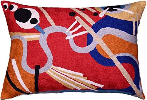 Lumbar Decorative Pillow Cover Red Kandinsky Intuitive Flow II Hand Embroidered Wool 14x20 - Kashmir Designs