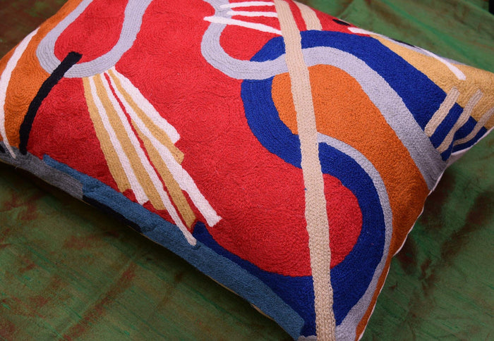 Lumbar Decorative Pillow Cover Red Kandinsky Intuitive Flow II Hand Embroidered Wool 14x20 - Kashmir Designs