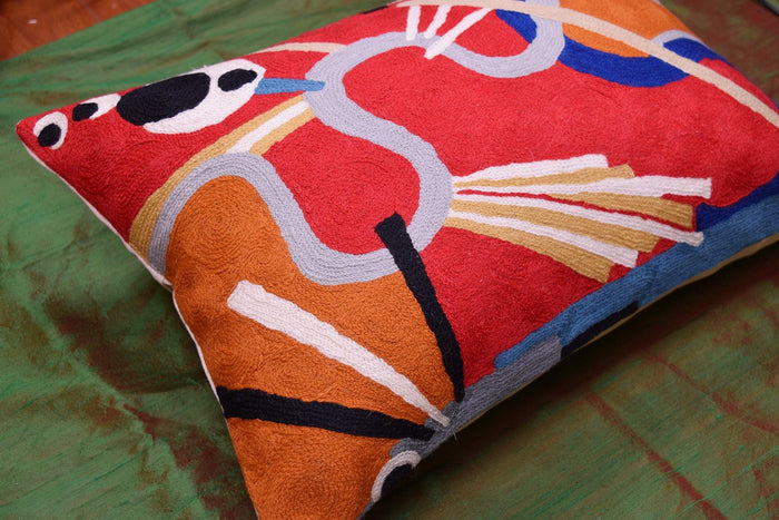 Lumbar Decorative Pillow Cover Red Kandinsky Intuitive Flow II Hand Embroidered Wool 14x20 - Kashmir Designs