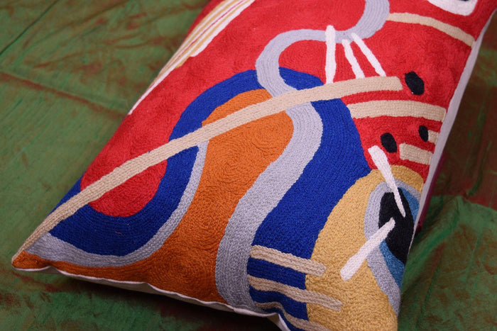 Lumbar Decorative Pillow Cover Red Kandinsky Intuitive Flow II Hand Embroidered Wool 14x20 - Kashmir Designs