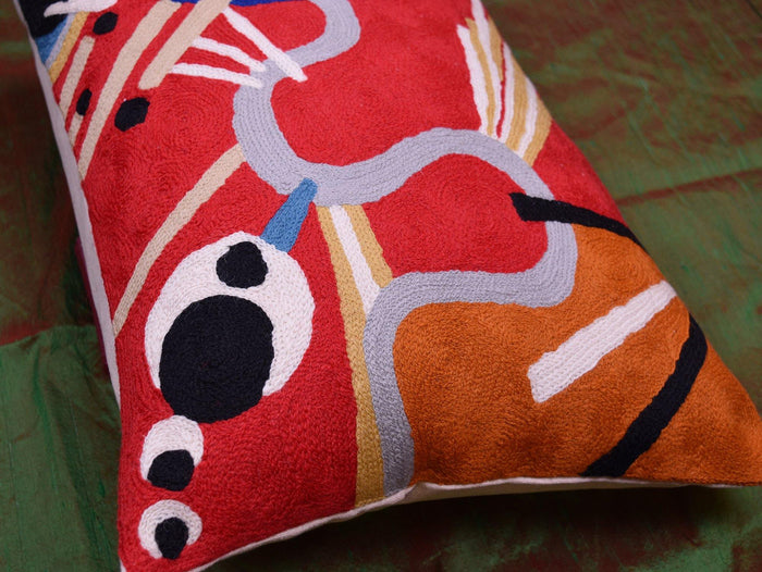 Lumbar Decorative Pillow Cover Red Kandinsky Intuitive Flow II Hand Embroidered Wool 14x20 - Kashmir Designs