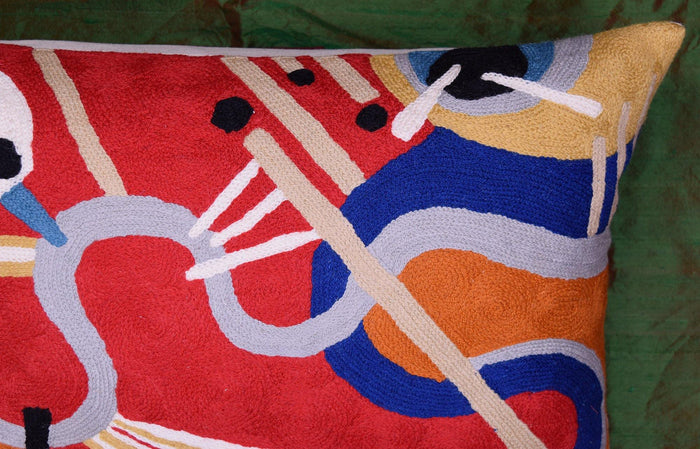 Lumbar Decorative Pillow Cover Red Kandinsky Intuitive Flow II Hand Embroidered Wool 14x20 - Kashmir Designs