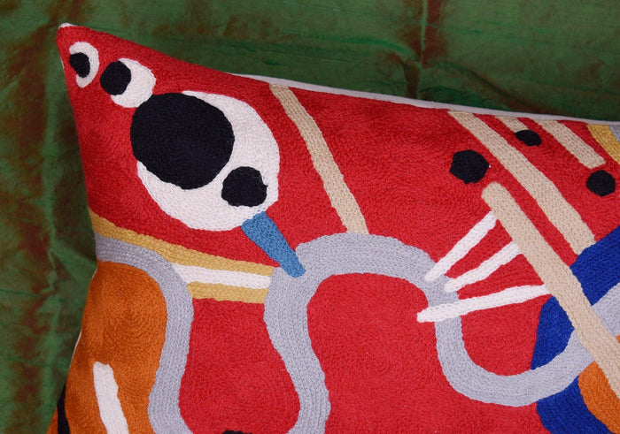 Lumbar Decorative Pillow Cover Red Kandinsky Intuitive Flow II Hand Embroidered Wool 14x20 - Kashmir Designs