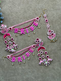 Pink Bride Beaded Earring Tikka Set with Mirror Work & Jhumki