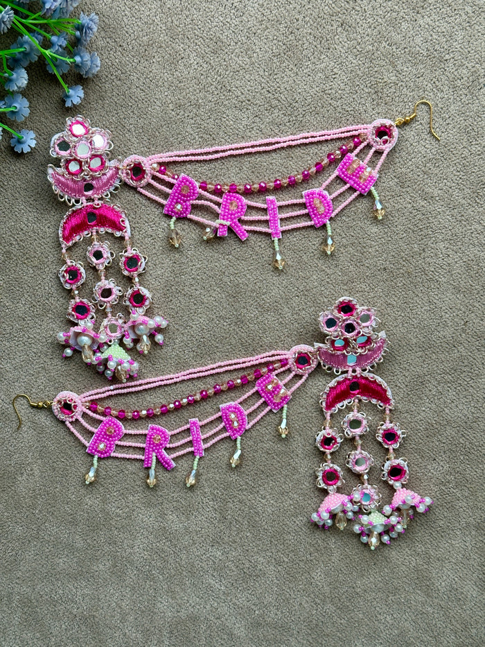 Pink Bride Beaded Earring Tikka Set with Mirror Work & Jhumki
