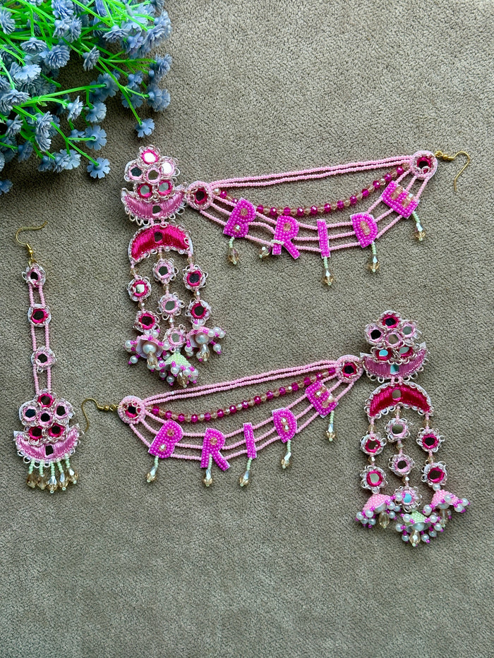 Pink Bride Beaded Earring Tikka Set with Mirror Work & Jhumki