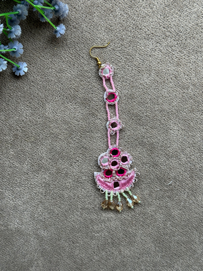 Pink Bride Beaded Earring Tikka Set with Mirror Work & Jhumki