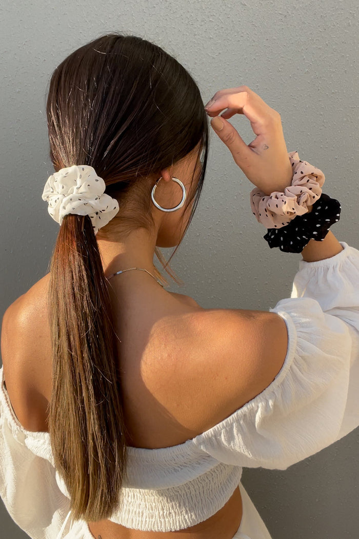 Polka Scrunchies 3 Pack- Black/White/Blush