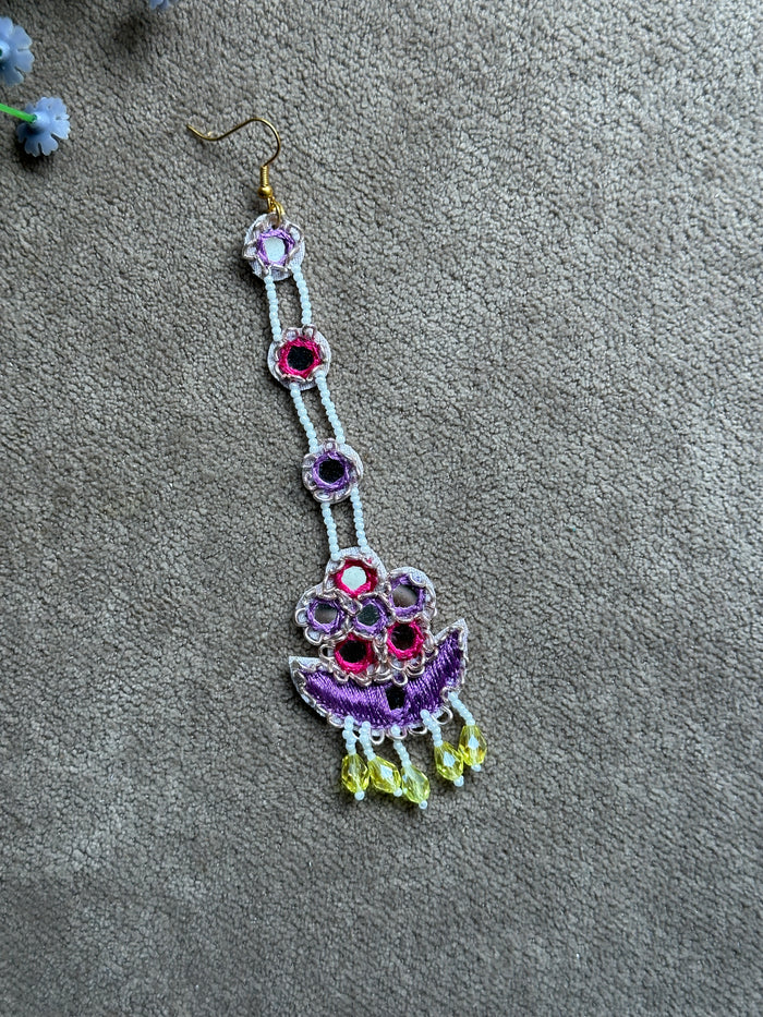 Purple & Pink Mirror Work Chandelier Jhumki Earring Tikka Set with Beaded Saankal