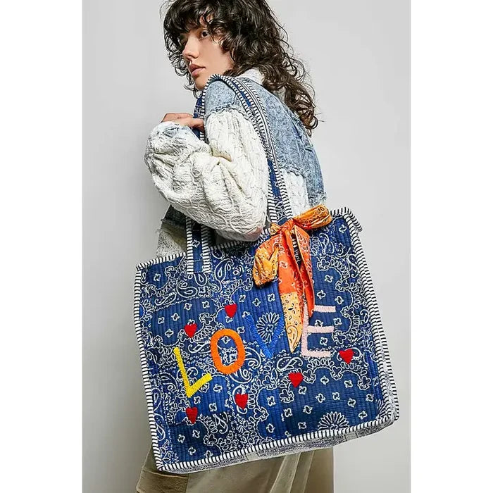 Quilted Indigo Bandana Print Love Tote Bag