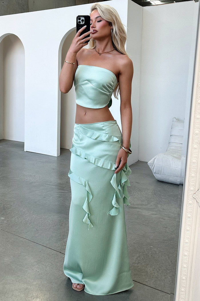 Raima Satin Ruffle Maxi Skirt - Green