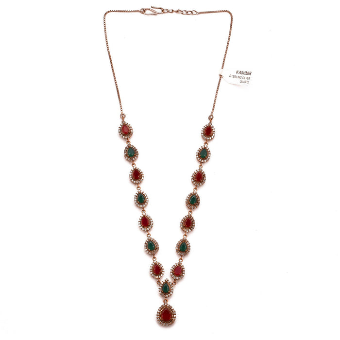 Red Green Quartz Ruby Y Necklace Teardrop 925 Sterling Two Tone Silver Choker Necklace Collar Handcrafted - Kashmir Designs