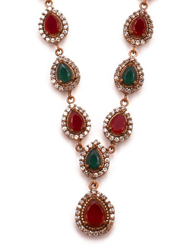 Red Green Quartz Ruby Y Necklace Teardrop 925 Sterling Two Tone Silver Choker Necklace Collar Handcrafted - Kashmir Designs