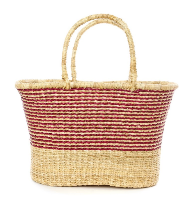 Red Pinstripe Handwoven Bolga Tote Basket, Fair Trade & Eco-Friendly