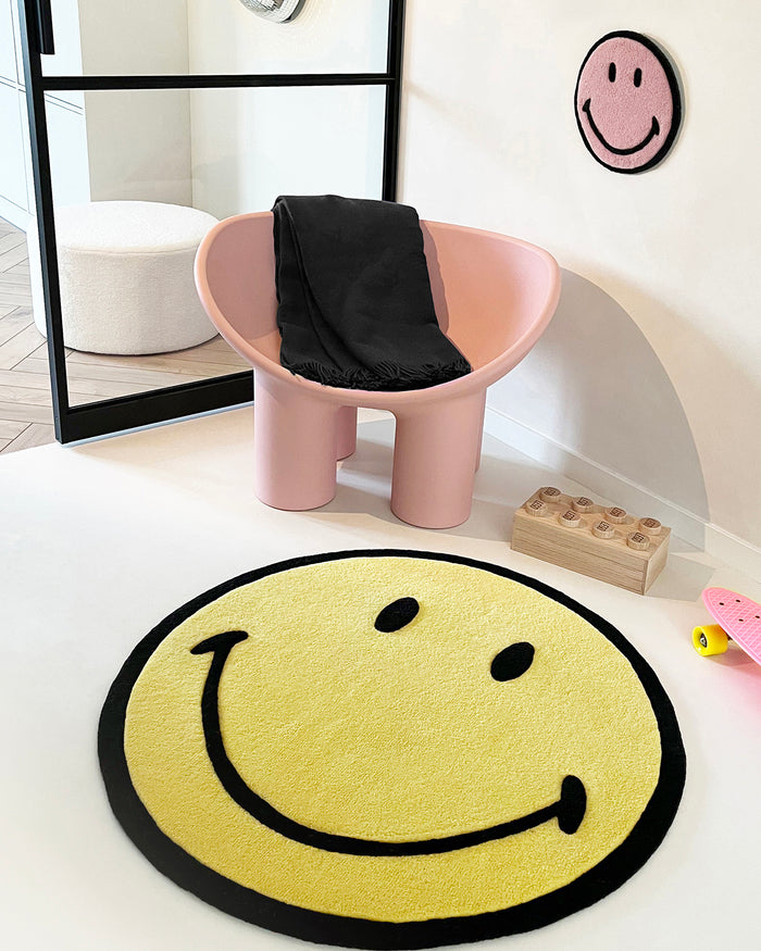 Rug SMILEY Yellow / Black Print Round Diam. 3.2ft