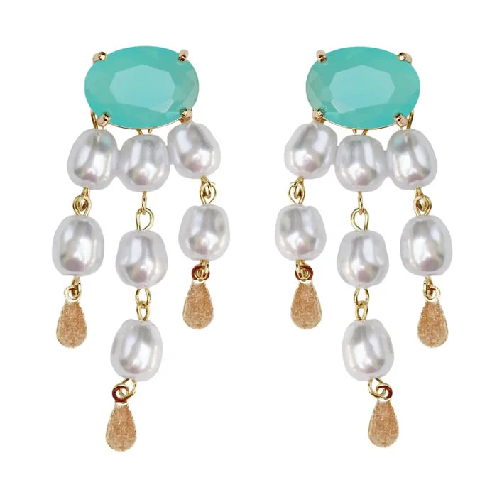 Seaglass and Pearl Tassel Statement Earrings