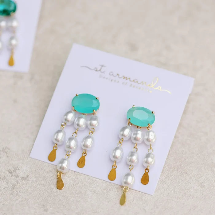 Seaglass and Pearl Tassel Statement Earrings