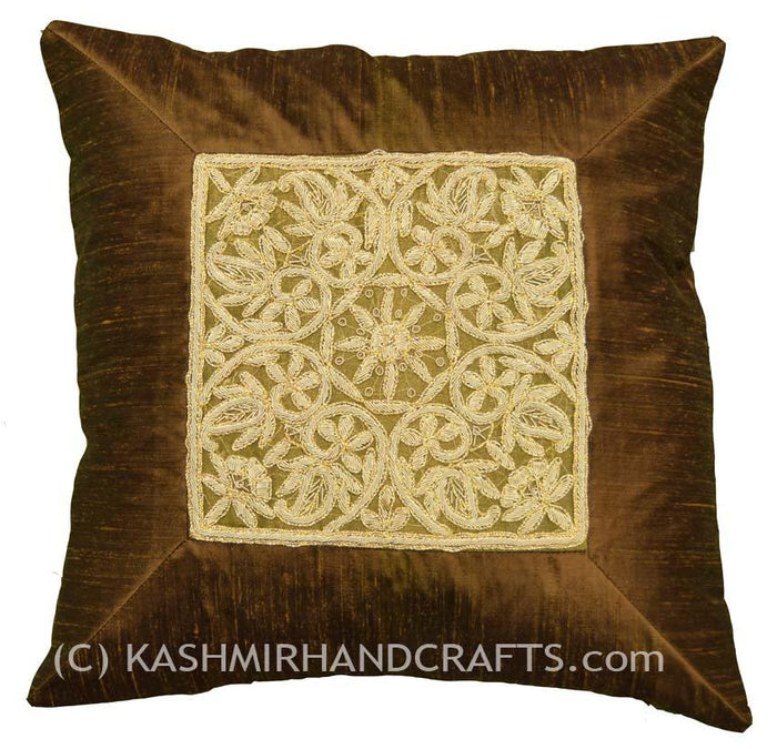 silk zardozi bronze pillow cover handembroidered 16x16 - Kashmir Designs
