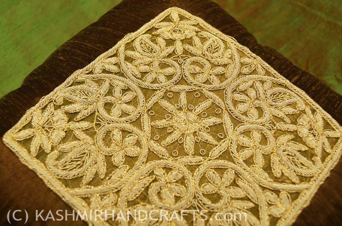 silk zardozi bronze pillow cover handembroidered 16x16 - Kashmir Designs