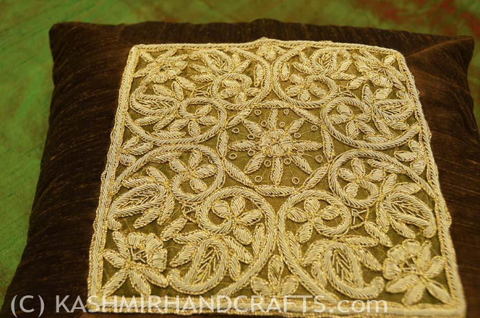 silk zardozi bronze pillow cover handembroidered 16x16 - Kashmir Designs