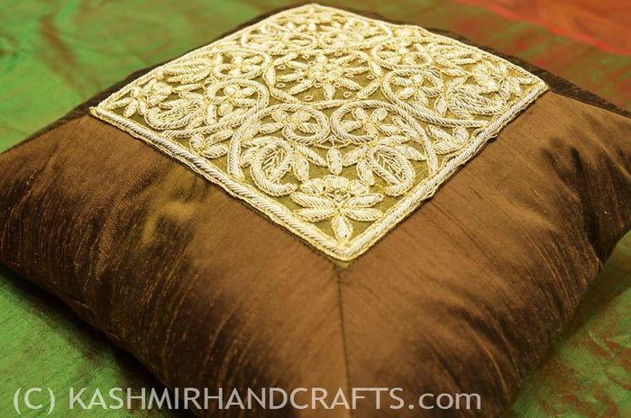 silk zardozi bronze pillow cover handembroidered 16x16 - Kashmir Designs
