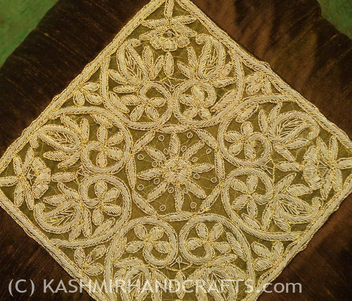 silk zardozi bronze pillow cover handembroidered 16x16 - Kashmir Designs
