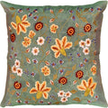 Tropica Green Floral Design Decorative Cotton Pillow Cover Embroidered 17"x17" - KashmirDesigns