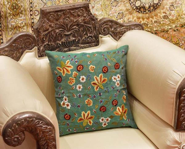 Tropica Green Floral Design Decorative Cotton Pillow Cover Embroidered 17"x17" - KashmirDesigns