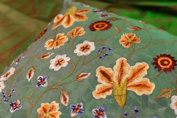 Tropica Green Floral Design Decorative Cotton Pillow Cover Embroidered 17"x17" - KashmirDesigns