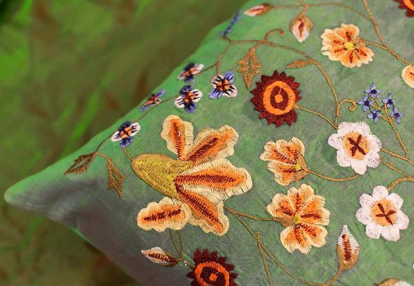 Tropica Green Floral Design Decorative Cotton Pillow Cover Embroidered 17"x17" - KashmirDesigns