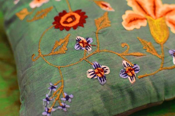Tropica Green Floral Design Decorative Cotton Pillow Cover Embroidered 17"x17" - KashmirDesigns