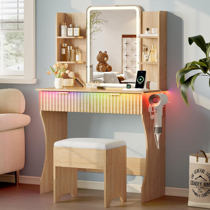 Vanity Desk with LED Lights Mirror & Power Outle - Canva Home