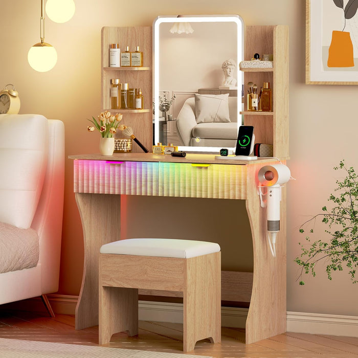 Vanity Desk with LED Lights Mirror & Power Outle - Canva Home