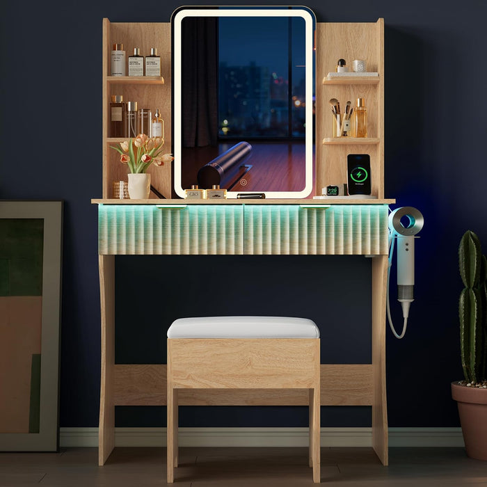 Vanity Desk with LED Lights Mirror & Power Outle - Canva Home