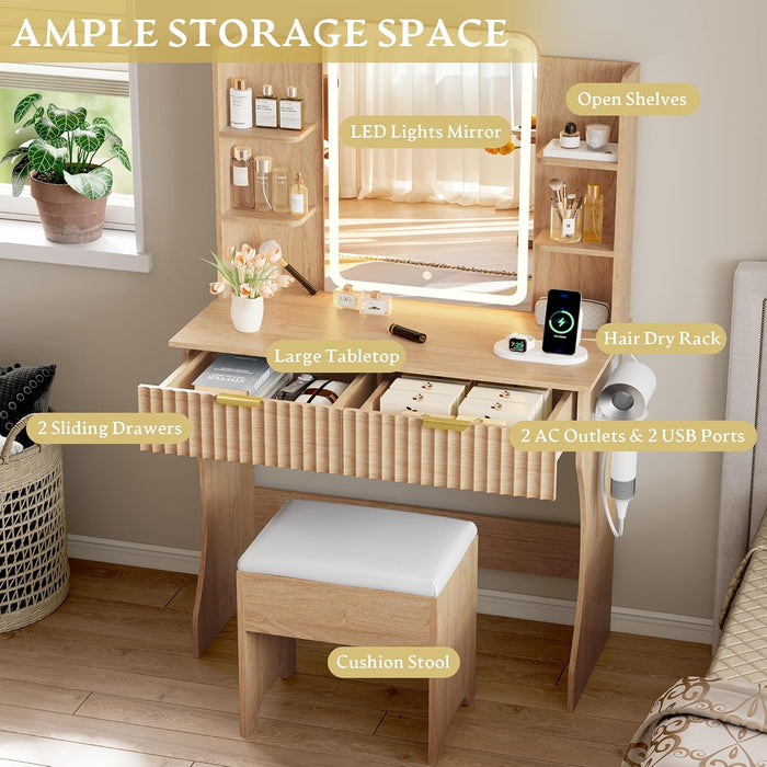 Vanity Desk with LED Lights Mirror & Power Outle - Canva Home