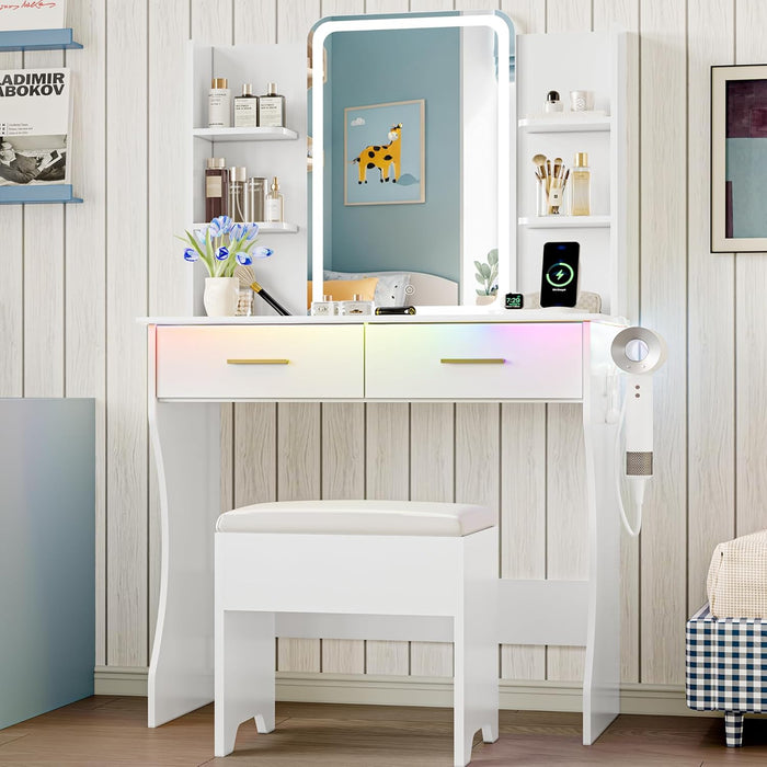 Vanity Desk with LED Lights Mirror - Canva Home