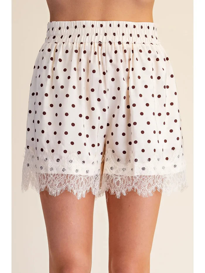 White Lace Trim Polka Dot Shorts